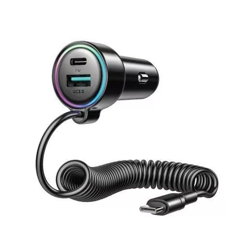 Joyroom 3-in-1 autós töltő C+U Type-C spirál kábellel 1.6m 72W (fekete)