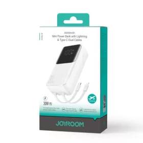   Joyroom powerbank – kijelzővel, C+U, PD 30W, 20000mAh – built-in Type-C és Lightning kábel (fehér)