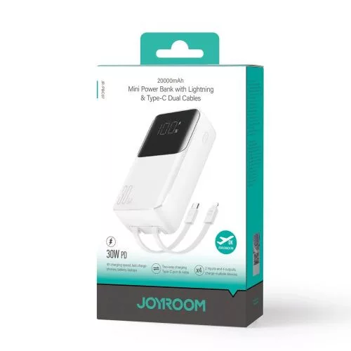 Joyroom powerbank – kijelzővel, C+U, PD 30W, 20000mAh – built-in Type-C és Lightning kábel (fehér)