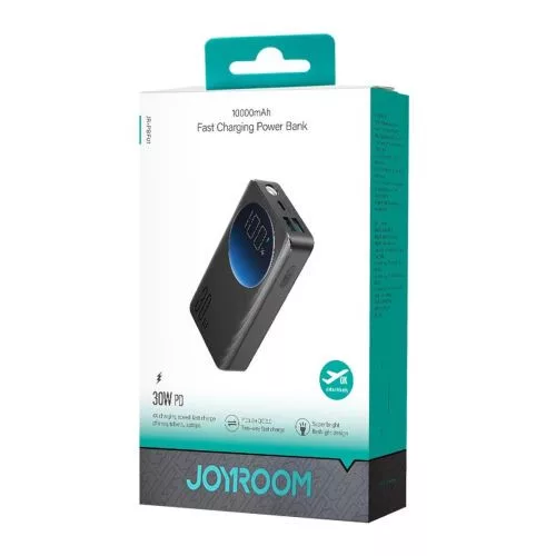 Joyroom powerbank – kijelzővel, C+U+U, PD 30W, 10000mAh – USB-A – Typle-C kábel (0.25m) and built-in Flashlight (fekete)