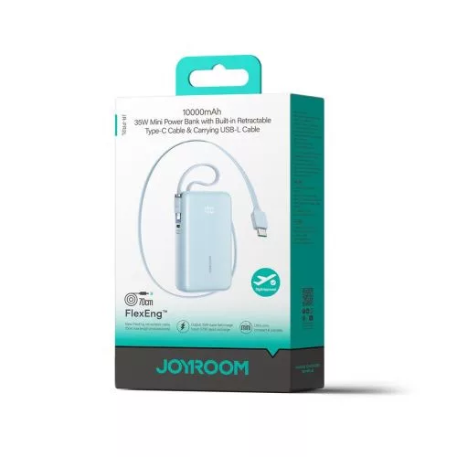 Joyroom powerbank 10000mAh digitális kijelzővel, PD 35W, beépített Type-C és Lightning kábellel (kék)