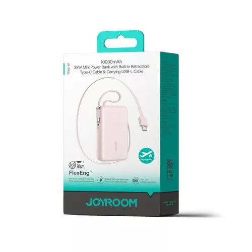 Joyroom powerbank 10000mAh C+U+U PD 35W beépített Type-C és Lightning kábellel (rózsaszín)