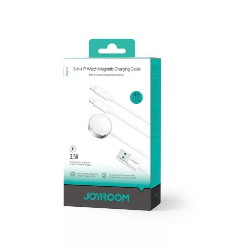Joyroom vezeték nélküli töltő 3-in-1 Qi+Lightning+Lightning kábel – iPhone és Apple Watch All sorozat – USB kábel 1.2m (fehér)