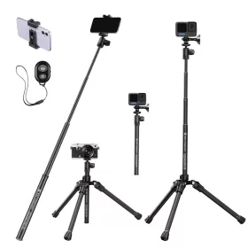   K&F Concept E224A3+BH-18 Akciókamera & Okostelefon Selfie bot / Monopod / Tripod - Bluetooth Távirányítós Szelfi Stick (170cm) -Fekete