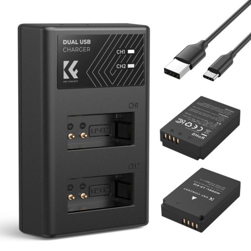 K&F Concept 3in1 Canon LP-E12 1200mAh Akkumulátor (2db) + LPE12 Utazó USB Töltő Kit