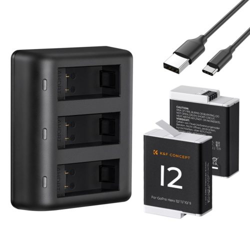 K&F Concept 3in1 GoPro Hero 12/ 11/ 10/9 1730mAh Akkumulátor (2db) + GoPro 12/11/10/9 Utazó USB Töltő Kit