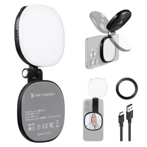 K&F Concept mágneses telefon LED-lámpa sminktükörrel, összecsukható (3000–6500K, fekete)
