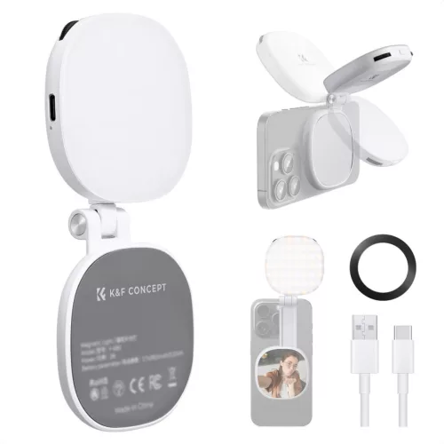 K&F Concept mágneses telefon LED-lámpa sminktükörrel, összecsukható (3000–6500K, fehér)