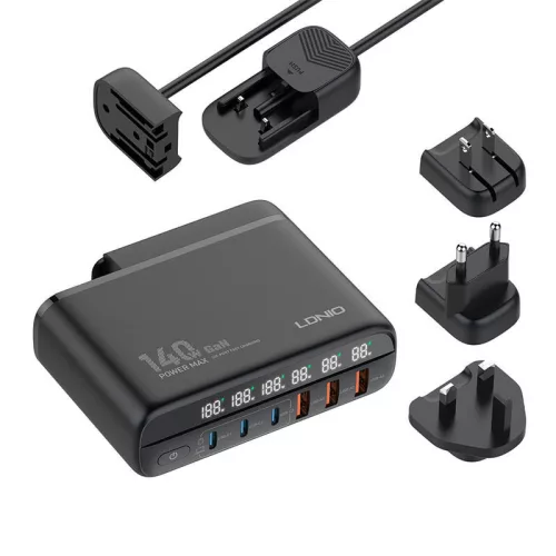 LDNIO 140W Kijelzős Töltő 3x USB-A És 3x /USB-C Csatlakozó (A6140C)