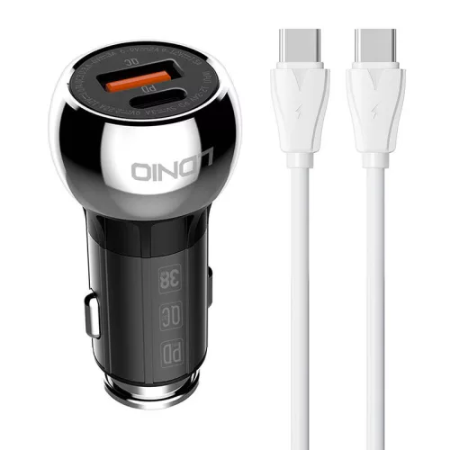 LDNIO Autós USB És USB-C Töltő + USB-C Kábel (C1-Type-C-Type-C)