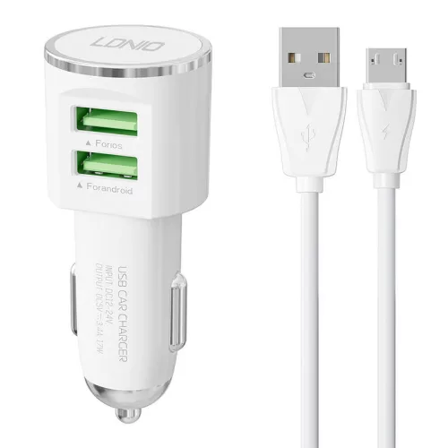 LDNIO Autós Töltő 2x USB 3.4A + Micro USB Kábel (Fehér) (DL-C29-Micro)