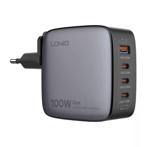 LDNIO 100W (Fekete) Hálózati Töltő, USB-A És 3x /USB-C Csatlakozó (Q408)
