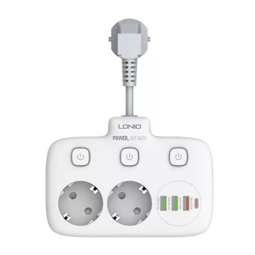 LDNIO (Fehér) Elosztó 2 AC Aljzattal, 3 USB, USB-C, 2500W (SE2435)