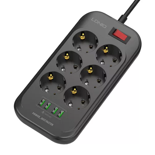 LDNIO 6 Aljzatos Elosztó 4 USB Port, 2m Kábel (SE6403)