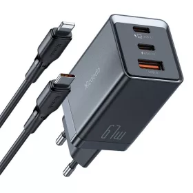   Mcdodo CH-1544 GaN fali töltő, 2× USB-C + 1× USB-A, 67W + USB-C–USB-C kábel (fekete)