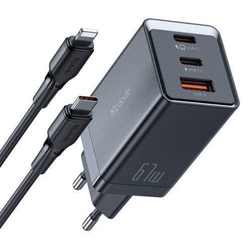 Mcdodo CH-1544 GaN fali töltő, 2× USB-C + 1× USB-A, 67W + USB-C–USB-C kábel (fekete)