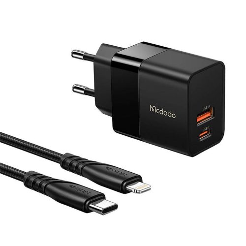 Mcdodo CH-1952 USB + USB-C fali töltő, 20W + USB-C–Lightning kábel (fekete)