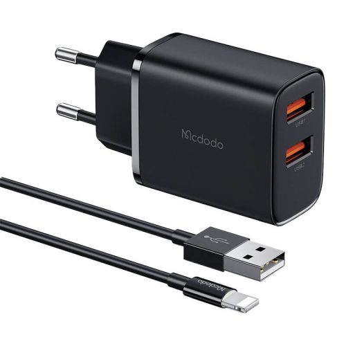 Mcdodo CH-5071 hálózati töltő, 2× USB-A, 12W + USB-A – Lightning kábel (fekete)