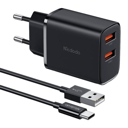 Mcdodo CH-5072 hálózati töltő, 2× USB-A, 12W + USB-A – USB-C kábel (fekete)