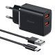 Mcdodo CH-5072 hálózati töltő, 2× USB-A, 12W + USB-A – USB-C kábel (fekete)