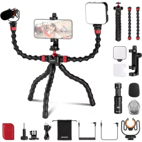   NEEWER 4in1 Okostelefon Flexibilis-Állvány Tripod & LED Videó-fény & Mikrofon Rendszer -Mobil Video Vlog Kit