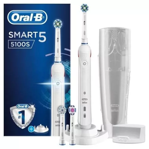 Oral-B elektromos fogkefe okos 5 5100S – 3 pótfej, tok, Smartphone tartó (fehér)
