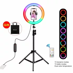   PULUZ 26cm RGB Színes LED Körfény körlámpa Ringlight + 110cm Tripod Állvány