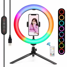  PULUZ 26cm RGB Színes LED Körfény körlámpa Ringlight + Mini-Tripod Állvány
