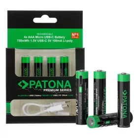   PATONA Premium USB-C 4x AAA újratölthető akkumulátorok lítium 750mWh 1.5V újratölthető 1-2 USB-C töltőkábellel