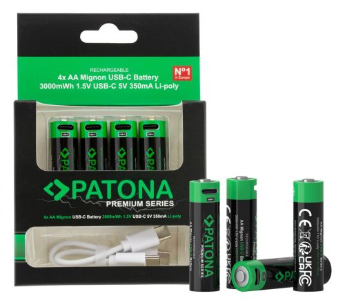 PATONA Premium USB-C 4x AA újratölthető akkumulátorok lítium 3000mWh 1.5V újratölthető 1-2 USB-C töltőkábellel
