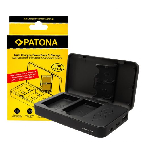 PATONA Dupla töltő Nikon EN-EL14 P7000 P7100 P7700 D3100 Nikon EN-EL14 P7000 P7100 P7700 D3100-hoz power bank funkcióval és memóriakártya tárolóval 