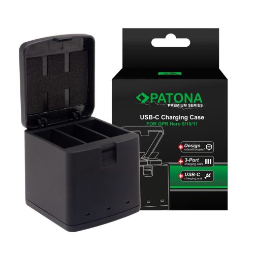 PATONA Tripla töltő töltődoboz GoPro Hero 9 10 11 kamerához USB-C kábellel együtt