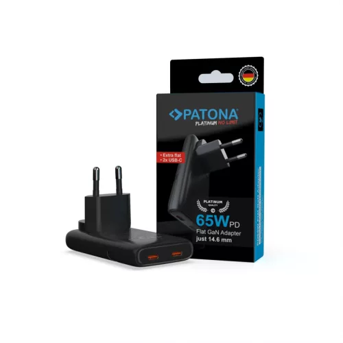 PATONA Platinum GaN PD 65W lapos hálózati töltőadapter fekete, 2x USB-C, PD3.0, QC3.0