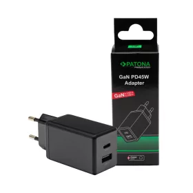   PATONA Premium GaN PD45W adapter fekete 1xUSB-C 1xUSB-A PD3.0 QC3.0 1xUSB-A PD3.0