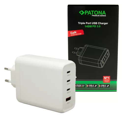 Patona prémium GaN hálózati töltő 140W 3× USB-C és 1× USB-A fehér