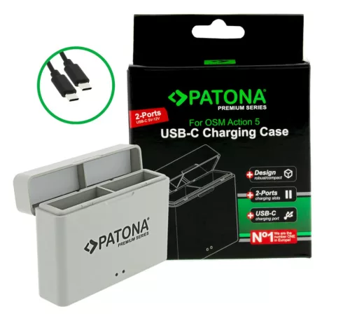 PATONA Premium Dupla töltő és tároló box DJI Osmo Action 3 4 5 akkumulátor USB-C kábellel
