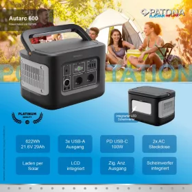   PATONA Platinum hordozható Powerstation 600Wh 600W/230V USB5V/2.4A DC12V/10A