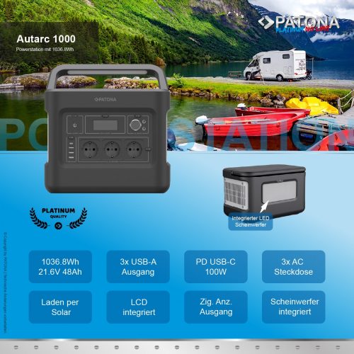 PATONA Platinum Powerstation Autarc 1000 / 1000W 1000Wh 1000Wh PD100W USB5V/2.4A DC12V/10A DC5525