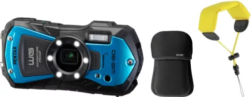 Pentax WG-90 kék csomag – kompakt digitális fényképezőgép úszószíjjal és neoprén tokkal