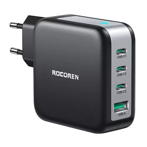 Rocoren 100W GaN Fali Töltő 3x USB-C, 1x USB, Power Delivery (RCCT3P1A-ZXA01)