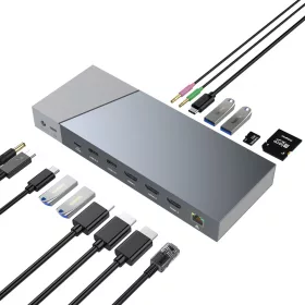   Rocketek 16 in 1 USB-C HUB dokkoló adapter - 3x USB 3.2, Type-C USB, SD & TF kártya olvasó, 3x 4K@60Hz HDMI, 100W PD HUB Dokkoló Állomás
