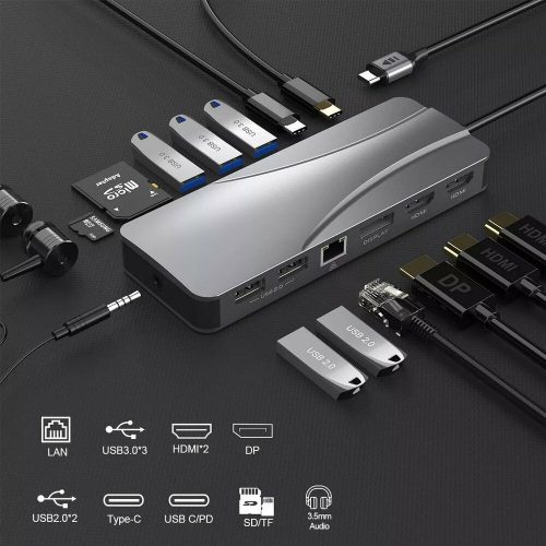 14 in 1 USB-C 3.1 HUB dokkoló adapter - 3x USB 3.0, Type-C USB, SD TF kártya olvasó, 3.5mm audi