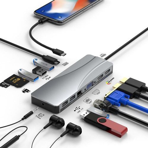 14 in 1 USB-C 3.0 HUB dokkoló adapter - 4x USB 3.0, Type-C USB, SD TF kártya olvasó, 3.5mm audi