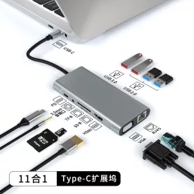   11in1 2x USB-C (Type-C), 4x USB-A, HDMI 4K, VGA, RJ45, 3.5mm Jack, SD, TF Kártyaolvasó -PD-60W HUB Dokkoló Állomás