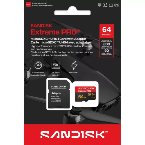 SanDisk Extreme PRO microSDXC 64GB + adapter CL10 UHS-I U3 V30 A2 (200/90 MB/s)