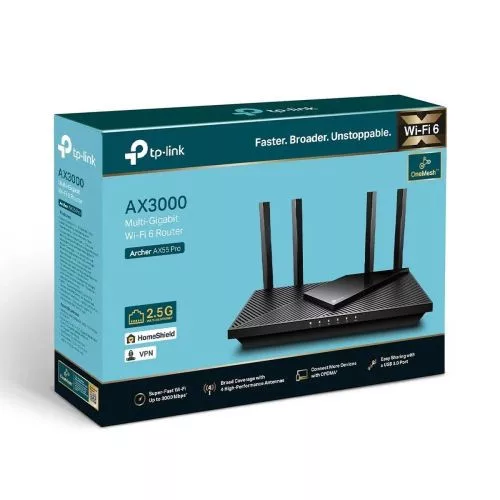 TP-LINK router Archer AX55-Pro vezeték nélküli 802.11ax/3000Mbps LAN/WAN (fekete)