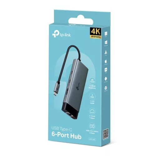 TP-Link adapter HUB UH6120C Type-C – 2xType-C, 3xUSB 3.0, HDMI 4K 60Hz, RJ45, 1000Mbps (fekete)