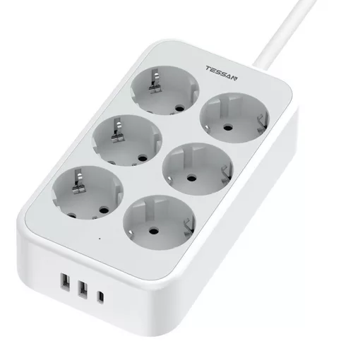 Tessan (Fehér) Elosztó 4 USB Port És 3 Aljzattal (TS-PS02DE00)