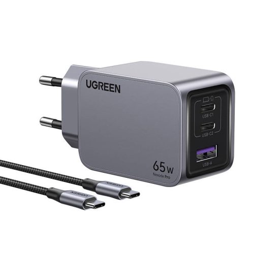 UGREEN Nexode Pro Fali töltő, USB + 2x USB-C, 65W + USB-C kábel 1,5m (fekete)