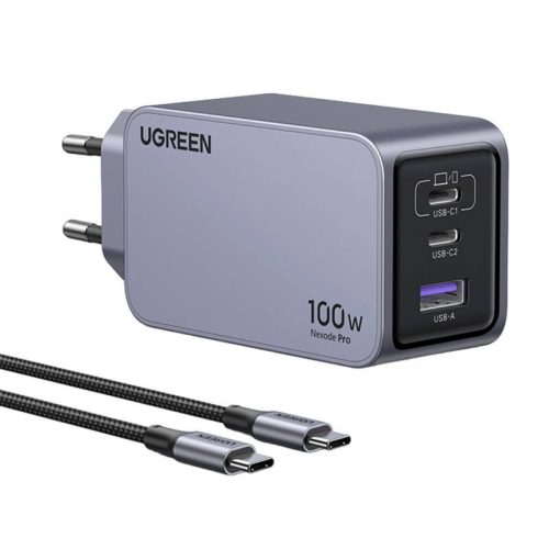 Ugreen Nexode Pro 100W Fali Töltő GaN, USB + 2x USB-C (szürke)